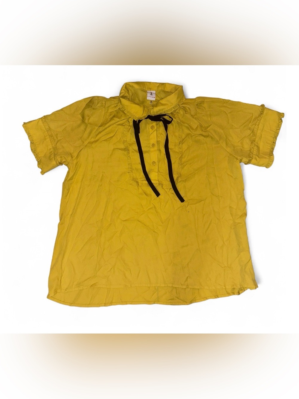 Short-Sleeve Ruffle Collar Blouse with Black Tie in Mustard